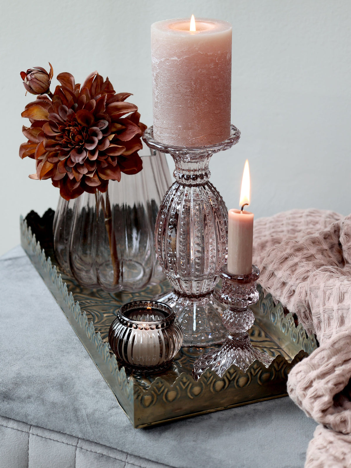 Taupe candle holder with pearl rim, H19.5 cm