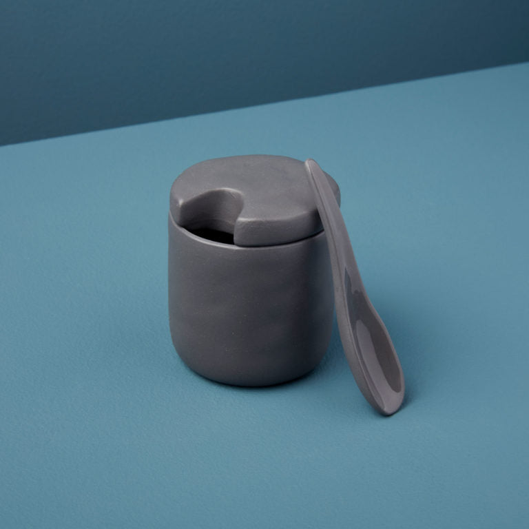 Tam stoneware sugar bowl with spoon, grey
