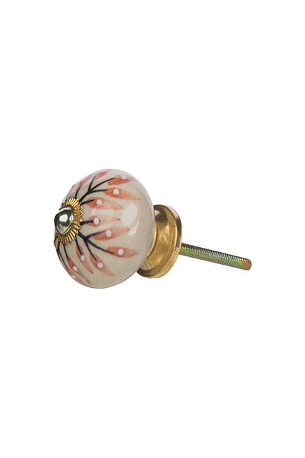 Ceramic furniture knob, cream with red pattern