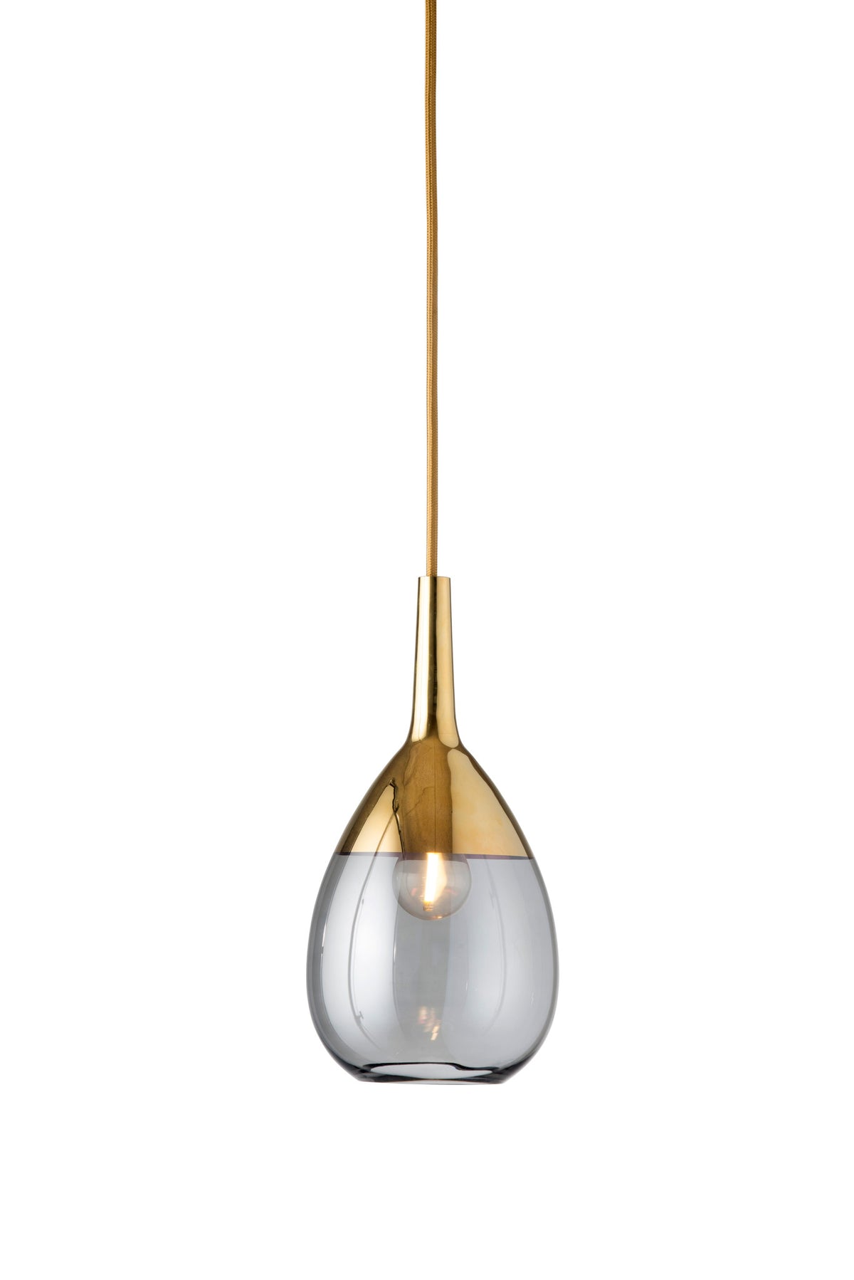 Pakabinamas šviestuvas Lute S Smokey Grey / Gold, H27 cm – įjungtas