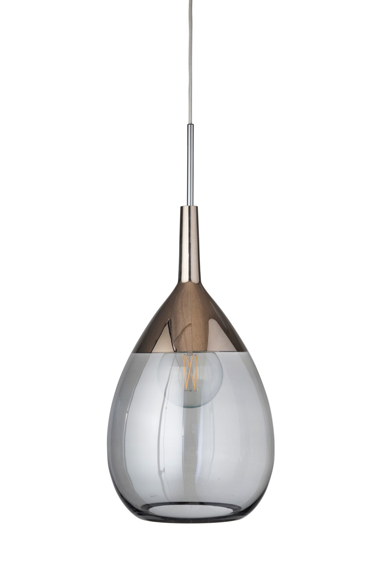 Pakabinamas šviestuvas Lute XL Smokey Grey / Platinum, H70 cm – įjungtas