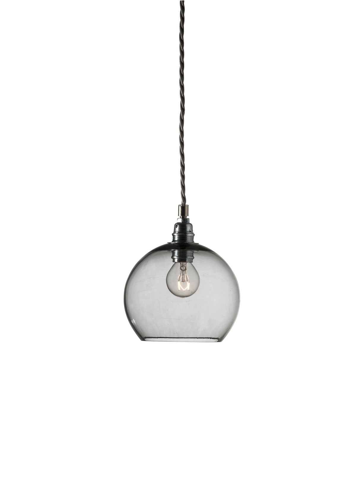 Pakabinamas šviestuvas Rowan Smokey Grey Silver, Ø15,5 cm – įjungtas