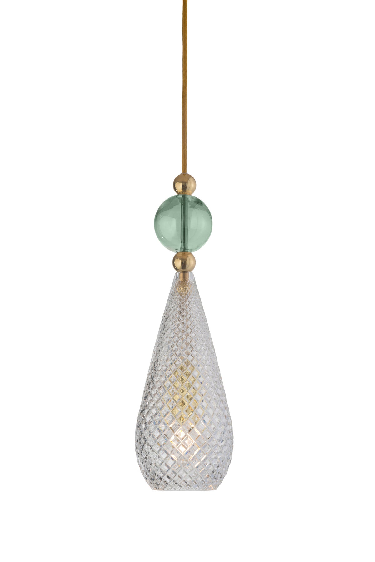 Pakabinamas šviestuvas Smykke Crystal with Forest Green Ball / Gold, Ø12,5 cm – įjungtas