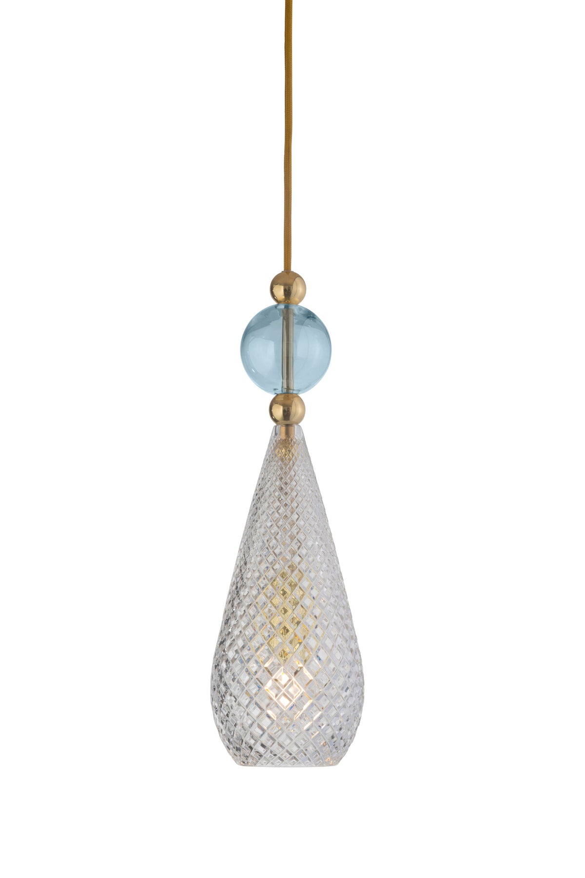 Pakabinamas šviestuvas Smykke Crystal with Topaz Blue Ball / Gold, Ø12,5 cm – įjungtas