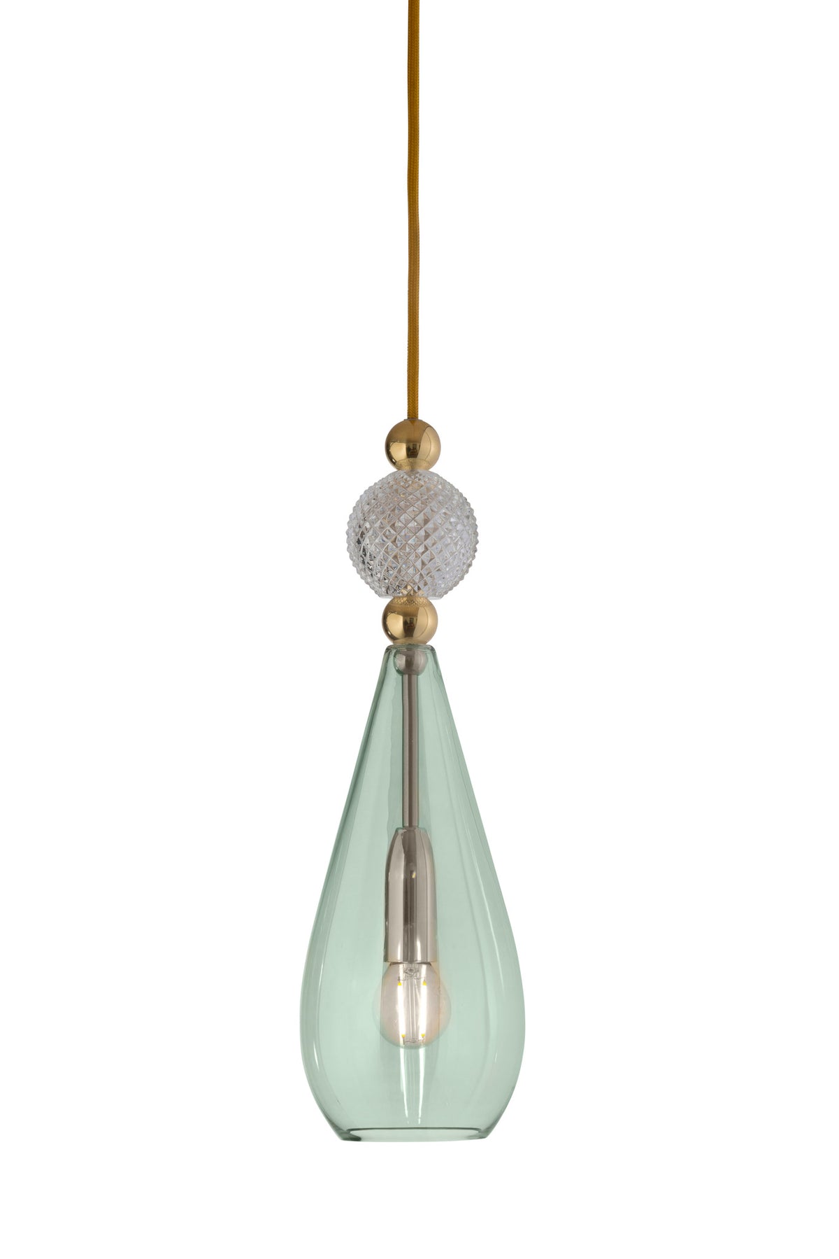Pakabinamas šviestuvas Smykke Forest Green with Crystal Ball / Gold, Ø12,5 cm – įjungtas