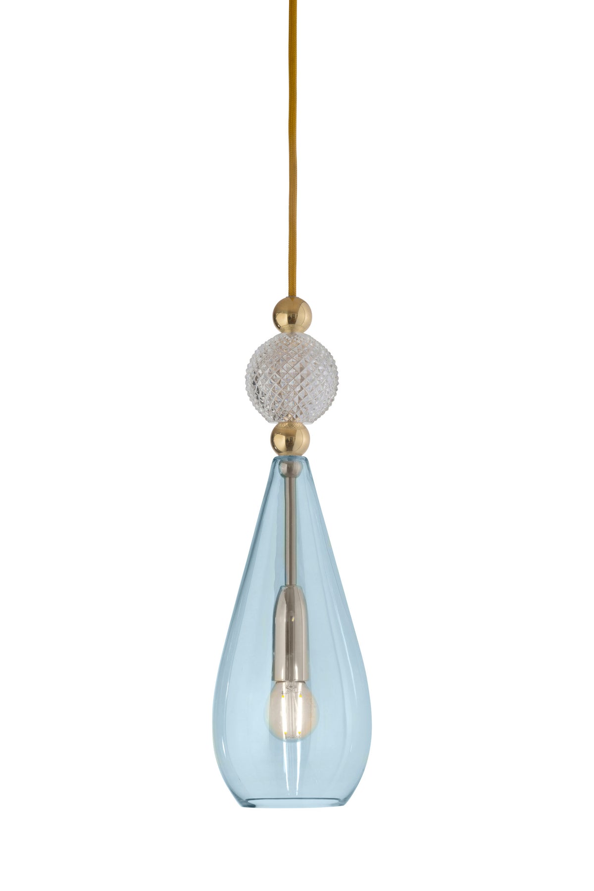 Pakabinamas šviestuvas Smykke Topaz Blue with Crystal Ball / Gold, Ø12,5 cm – įjungtas