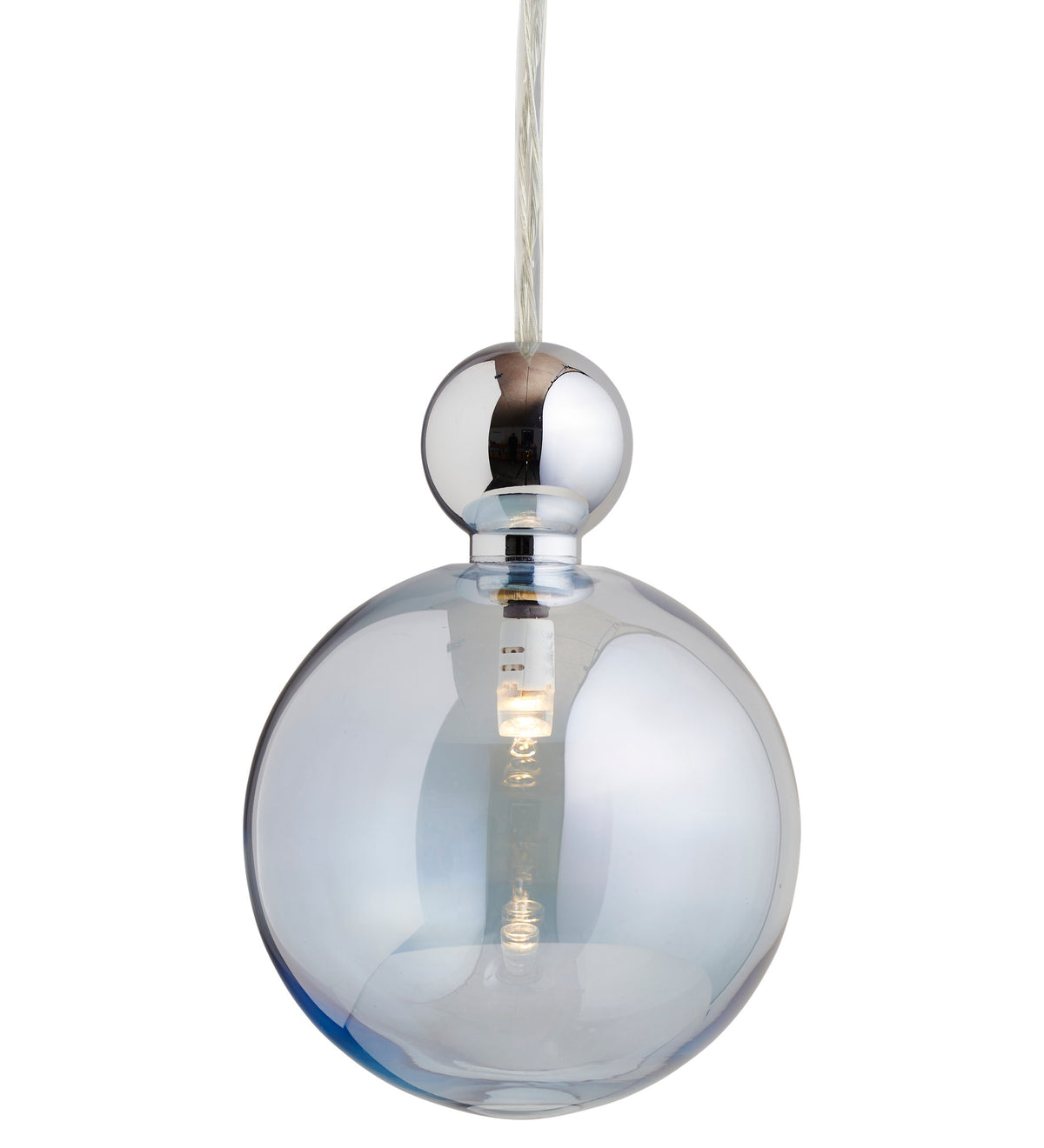 Pakabinamas šviestuvas Uva L Topaz Blue / Silver, Ø10 cm – įjungtas