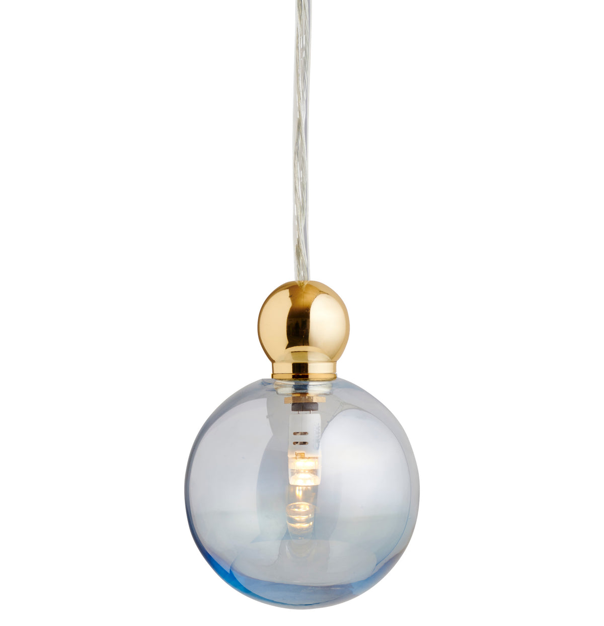 Pakabinamas šviestuvas Uva M Topaz Blue / Gold, Ø7 cm – įjungtas