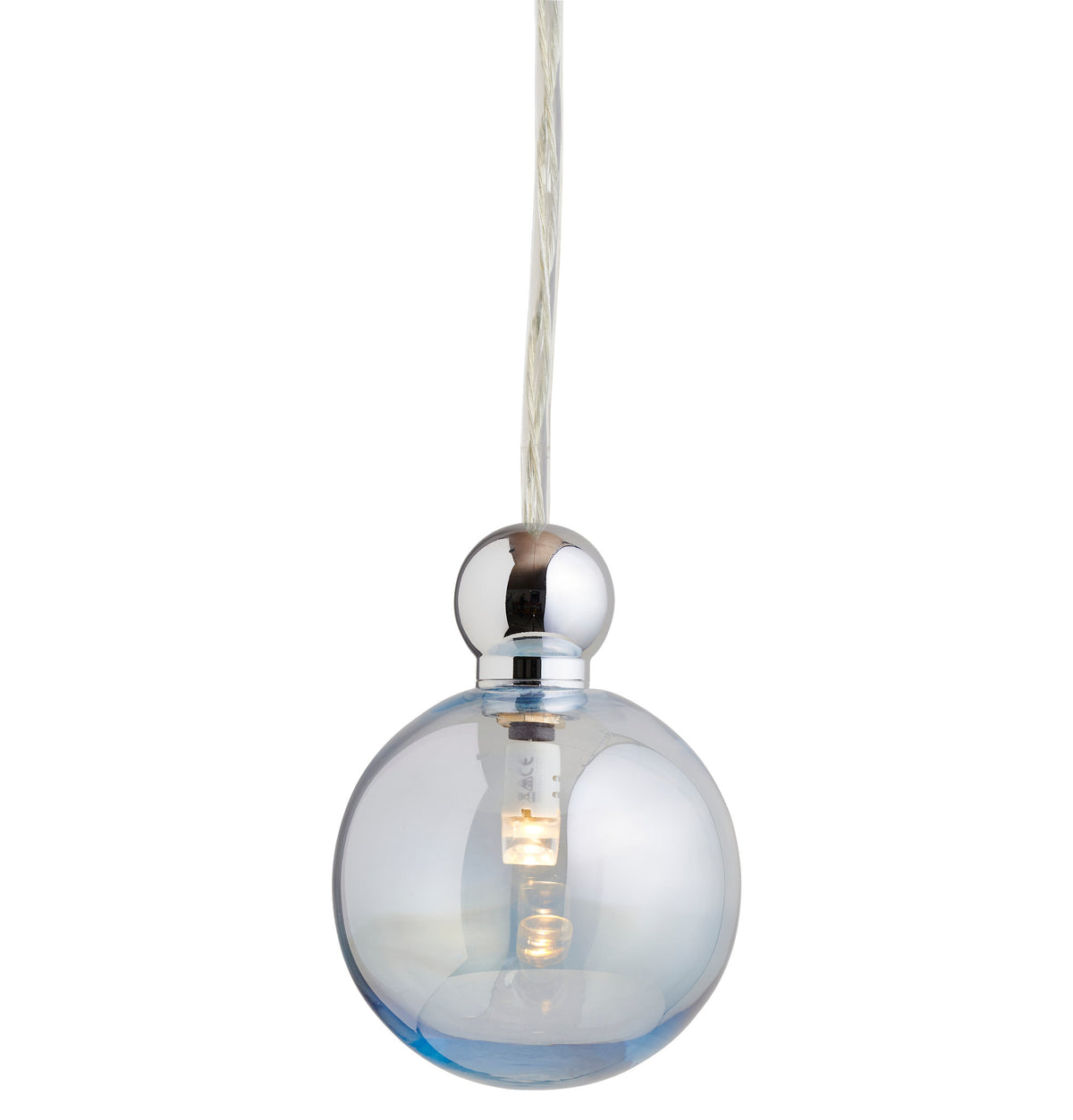 Pakabinamas šviestuvas Uva M Topaz Blue / Silver, Ø7 cm – įjungtas