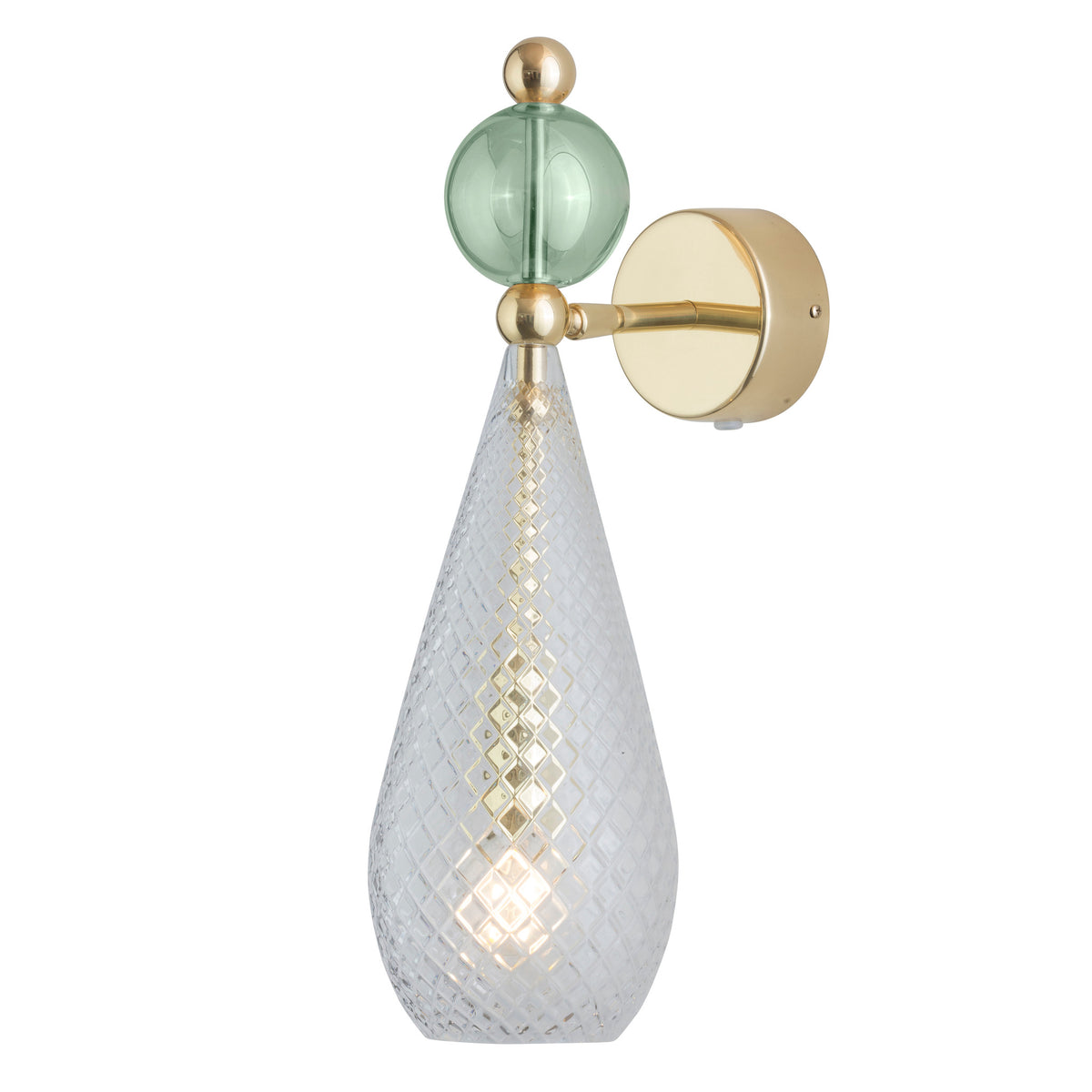 Sieninis šviestuvas Smykke Crystal with Forest Green Ball / Gold, Ø12,5 cm – įjungtas