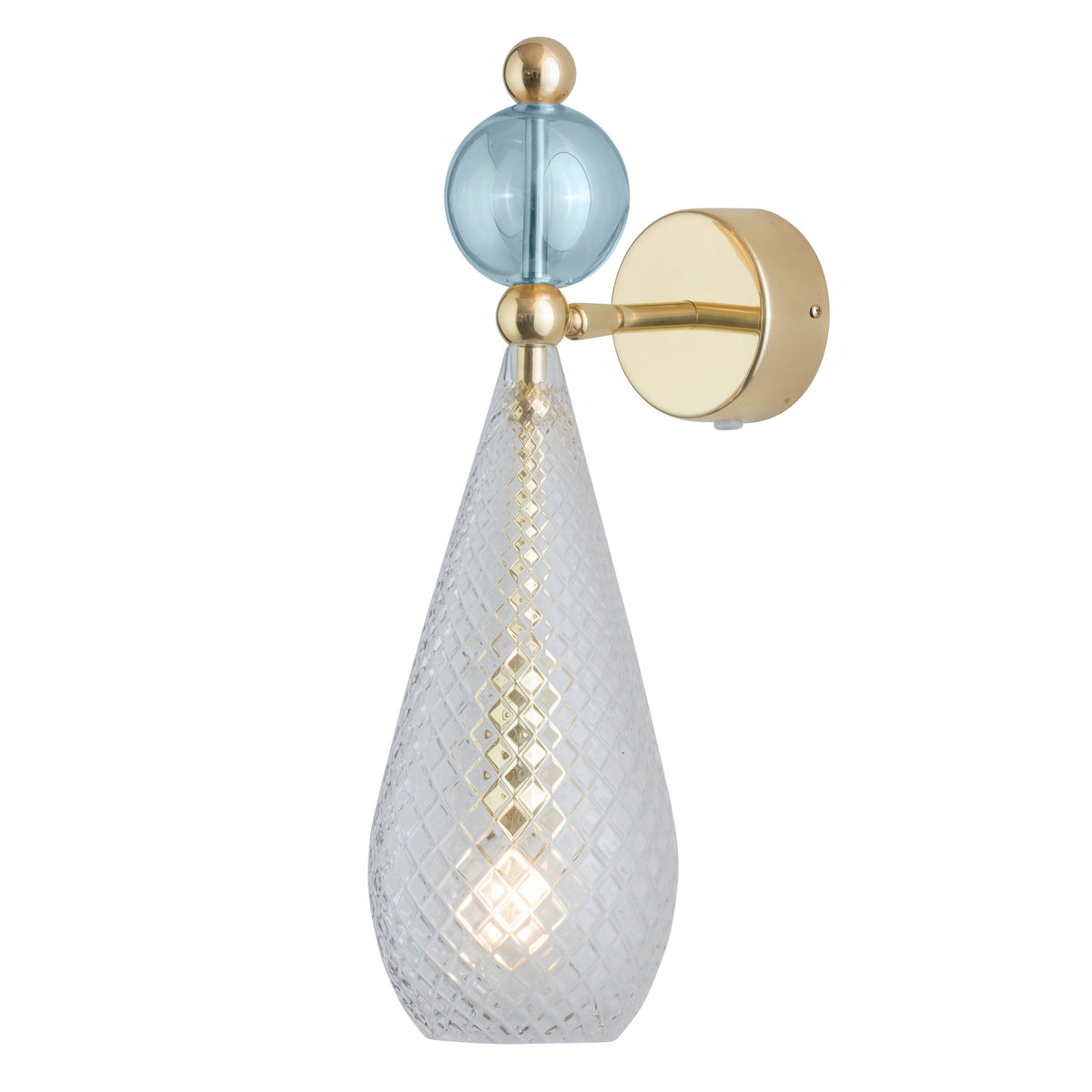 Sieninis šviestuvas Smykke Crystal with Topaz Blue Ball / Gold, Ø12,5 cm – įjungtas