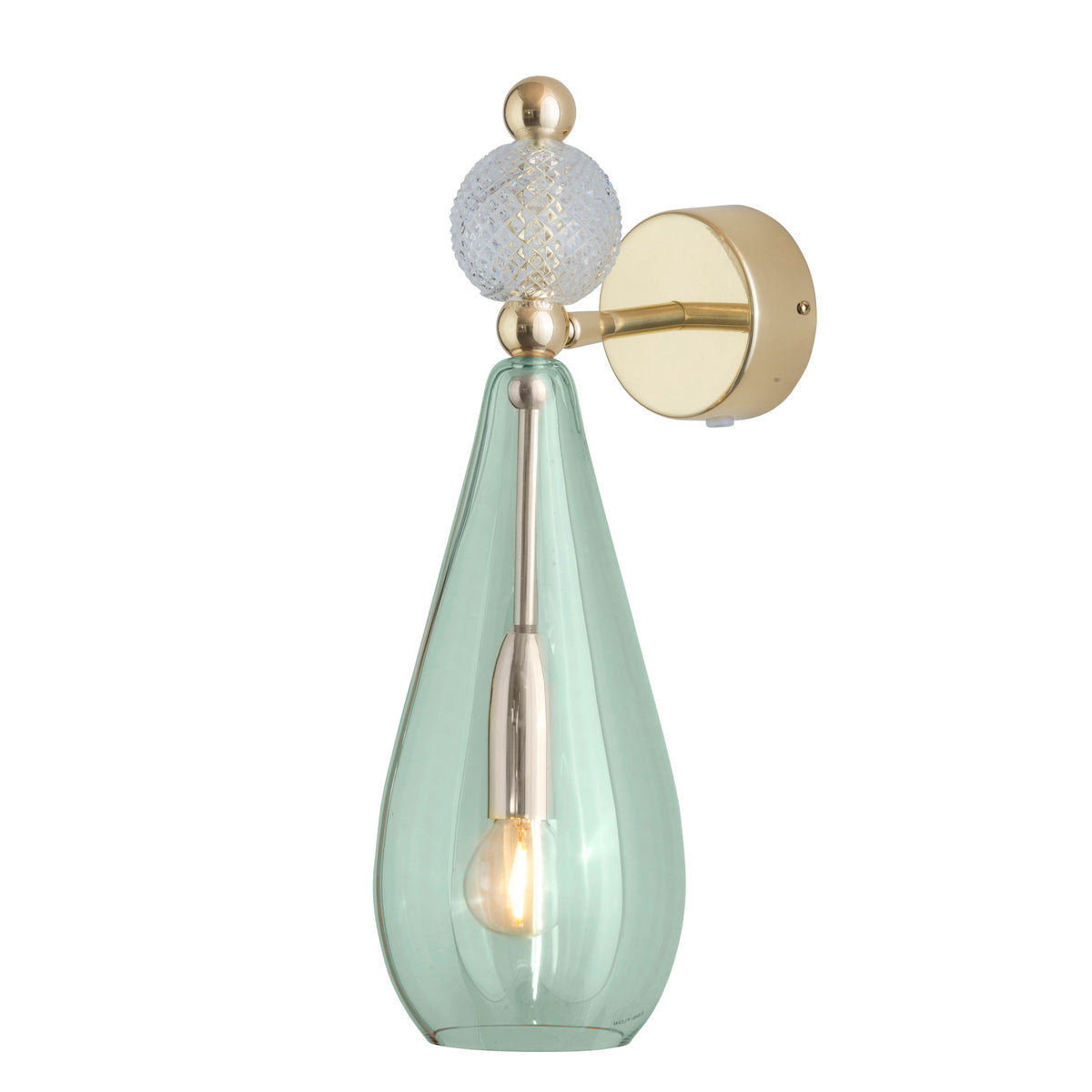 Sieninis šviestuvas Smykke Forest Green with Crystal Ball / Gold, Ø12,5 cm – įjungtas