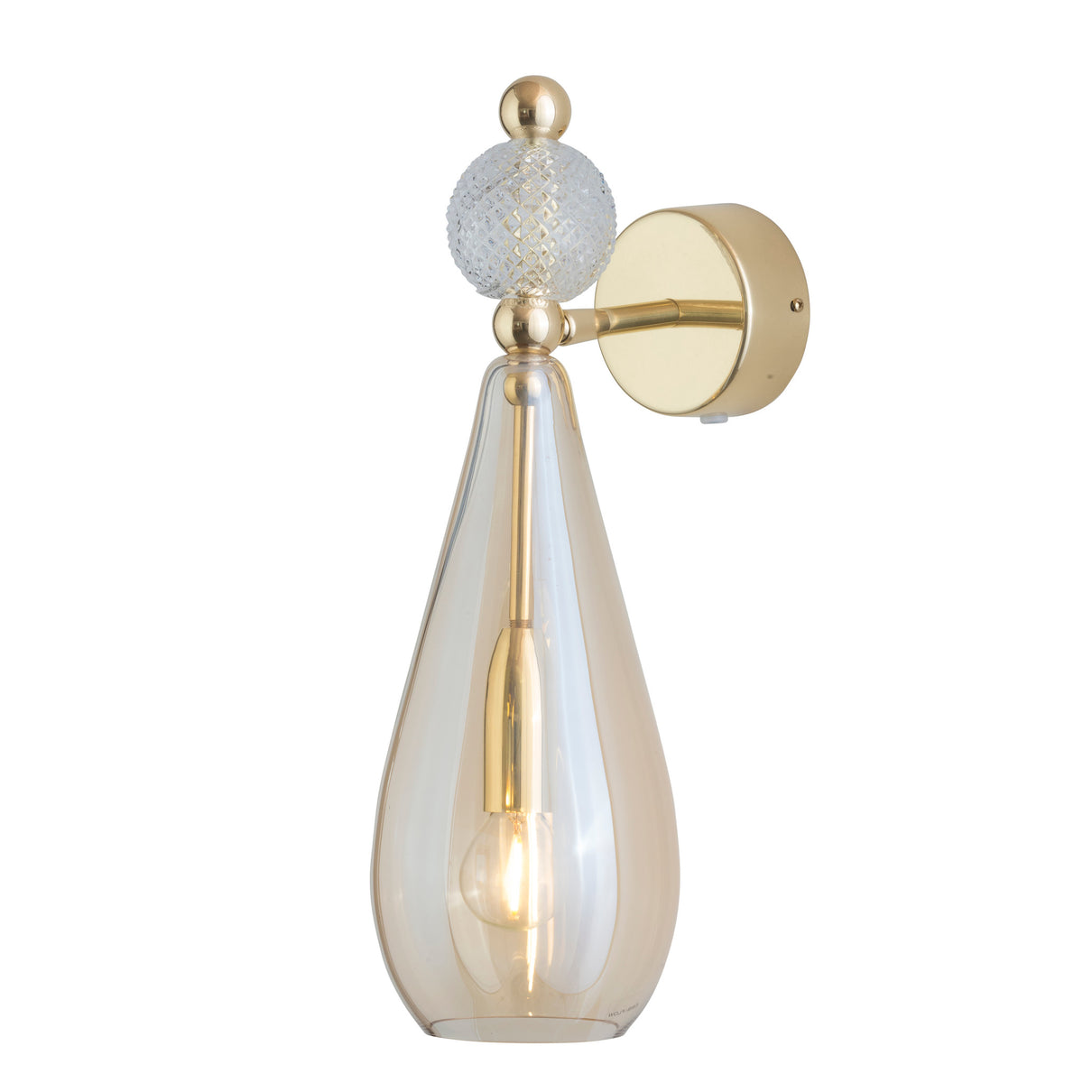 Sieninis šviestuvas Smykke Smokey Gold with Crystal Ball / Gold, Ø12,5 cm – įjungtas